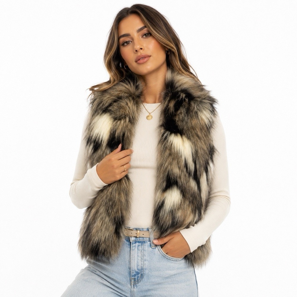 White House Black Market Faux Fur Vest Women XS Black Beige Streetwear Elegant